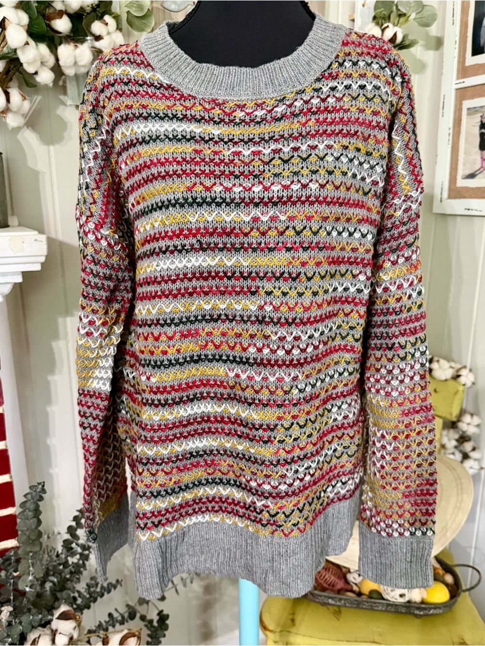 JohnPaulRichard Multicolor Knit Crewneck Sweater with Grey Trim